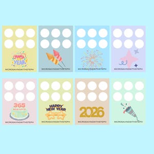 May include: A collection of eight colorful cards with festive designs. Each card features a set of six white circles and a unique graphic, including fireworks, stars, and celebratory text like "Happy New Year" and "2026". The text "MICROSAVINGWITHSTEPH" is at the bottom of each card.