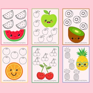 May include: Six printable colouring pages featuring various fruits with cute faces. The fruits include watermelon, apple, kiwi, orange, and pineapple. Each page includes the text "MICROSAVINGWITHSTEPH".