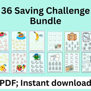 May include: A bundle of 12 colorful printable cards with a light blue background. The cards feature illustrations of fruits, travel items, and savings challenges. Text on the cards includes "36 Saving Challenge Bundle" and "PDF; Instant download!"