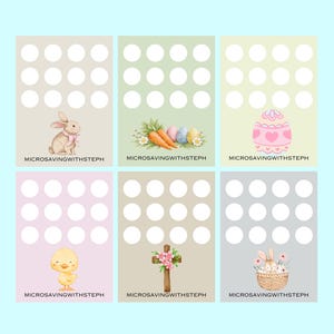 May include: Six Easter-themed cards with a light blue background. Each card features a different watercolor illustration: a bunny, carrots and eggs, an Easter egg, a chick, a cross, and a basket of bunnies. Each card has a grid of white circles and the text "MICROSAVINGWITHSTEPH".