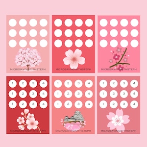 以下が含まれることがあります： 桜のテーマのピンクと赤の印刷可能なカード6枚。各カードには12個の円形のグリッドと「MICROSAVINGWITHSTEPH」というテキストがあります。カードは貯蓄チャレンジのために設計されています。