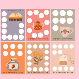 May include: Six illustrated cards with food and drink themes. Each card has a different background color and a series of white circles. The cards feature a pie, teapot, teacup, jar of jam, flowers, and a tea bag. The text "MICROSAVINGWITHSTEPH" is at the bottom of each card.