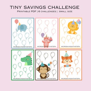 Puede incluir: PDF imprimible con seis desafíos coloridos para ahorrar dinero. Cada desafío presenta un animal diferente con un gorro de fiesta y globos. El texto "TINY SAVINGS CHALLENGE" está en la parte superior de la página. El texto "PRINTABLE PDF | 6 CHALLENGES | SMALL SIZE" está debajo del título.