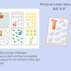 Op de afbeelding: Een printbaar spaarchallenge-blad met zes individuele kaarten met kleurrijke drankillustraties en zwart-witte iconen om in te kleuren. Het blad meet 21,59 cm bij 27,94 cm en bevat de tekst MICROSAVINGWITHSTEPH op elke kaart.