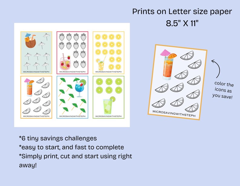 Op de afbeelding: Een printbaar spaarchallenge-blad met zes individuele kaarten met kleurrijke drankillustraties en zwart-witte iconen om in te kleuren. Het blad meet 21,59 cm bij 27,94 cm en bevat de tekst MICROSAVINGWITHSTEPH op elke kaart.