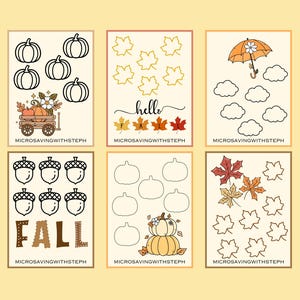 May include: Six rectangular activity sheets featuring autumn-themed outlines of pumpkins, leaves, acorns, clouds, and an umbrella. Each sheet includes the text MICROSAVINGWITHSTEPH at the bottom, with some pages displaying the words hello FALL.