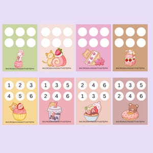 May include: Eight colorful cards with illustrations of desserts and animals, each with a set of six numbered circles. The cards have a light purple background and the text "MICROSAVINGWITHSTEPH".