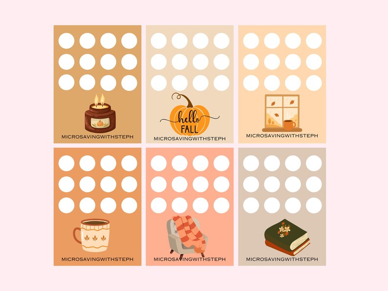 May include: A collection of six fall-themed illustrations on a light pink background. Each illustration features a different fall element, including a candle, pumpkin, window, mug, chair with a blanket, and a book. The text "hello FALL" is on one of the illustrations.
