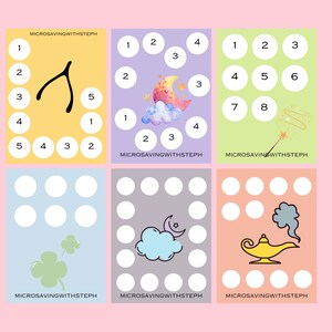 May include: Six colorful educational cards with illustrations and numbers. Each card features a different theme: a wishbone, a moon and clouds, a magic wand, a four-leaf clover, a cloud and moon, and a genie's lamp. The text "MICROSAVINGWITHSTEPH" is at the bottom of each card.