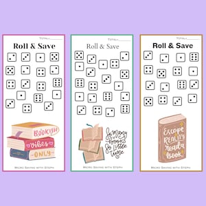 May include: Three printable cards with a dice roll and save theme. Each card has a different book-themed illustration and the text "Roll & Save".
