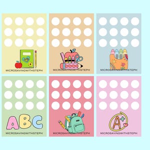 May include: Six colorful school-themed cards with white dot patterns. Each card features a different illustration: a notebook, apple, pencil, scissors, crayons, backpack, and the letters ABC. The text "MICROSAVINGWITHSTEPH" is at the bottom of each card.