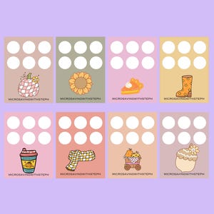May include: A collection of eight colorful fall-themed cards with illustrations of a pumpkin, sunflower, pie, boot, coffee cup, scarf, wagon of pumpkins, and an acorn. Each card has six white circles and the text "MICROSAVINGWITHSTEPH".
