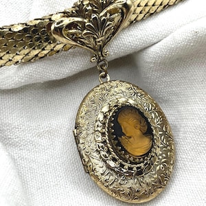 Vintage Whiting & Davis Gold Tone Cameo Locket Necklace on Wide Mesh Chain