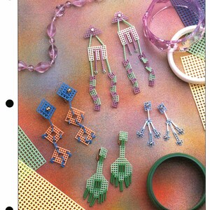 May include: A collection of handmade earrings in various designs and colors, including green, purple, and blue. The image also features a beaded necklace, bracelets, and the text "QUICK & EASY EARRINGS".