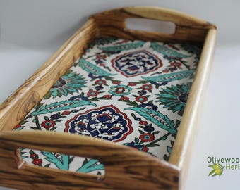Olive wood tray with ceramic tiles handmade in Bethlehem