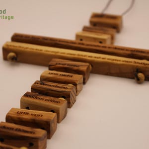 Handmade cross from authentic olive wood in Bethlehem - featuring &quot;Our Father&quot; prayer text (in German or English)