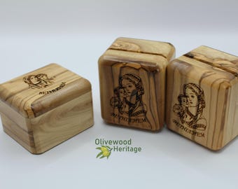 Box with laser carving of Bethlehem and Mary with baby Jesus handmade from authentic olive wood in Bethlehem