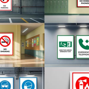 Pode incluir: Coleção de sinais de segurança com símbolos vermelhos e brancos, incluindo "No Parking", "No Mobile Phones", "No Smoking" e um símbolo de extintor. Outros sinais indicam saídas de emergência, telefones e pontos de reunião. Também sinais para equipamentos de segurança.
