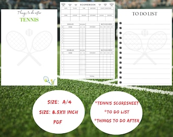 Może przedstawiać: Zestaw drukowanych dokumentów o tematyce tenisowej, w tym książka wyników, lista zadań i strona zatytułowana "Things to do after Tennis". Dokumenty zawierają grafikę rakiet i piłek tenisowych. Dostępne w rozmiarach A/4 i 8,5x11 cali.