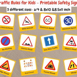 Puede incluir: Un conjunto de señales de seguridad imprimibles para niños, con diversas normas de tráfico. Las señales incluyen "No Motor & Vehículos", "Animales salvajes" y límites de velocidad. Las señales están disponibles en tres tamaños diferentes.