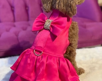 Satin Dog Dress: Rhinestone Bow, Fuchsia Pet Wedding Outfit