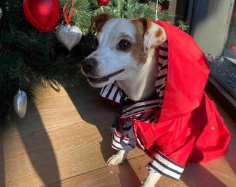 Red Waterproof Dog Raincoat: Hooded Lightweight Pet Jacket with Striped Lining