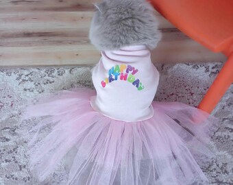 Happy Birthday Pet Tutu Dress: Pink Tulle, Rainbow Print