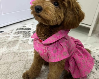 Robe rose à fleurs pour chien : jupe à volants, nœud - Ensemble d'été pour animal de compagnie