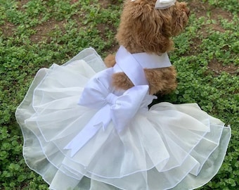 White Tulle Pet Wedding Dress: Satin Bow, Ribbon Headband