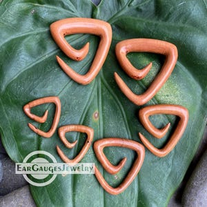 May include: Wooden ear gauges in various sizes, displayed on a large green leaf. The gauges are triangular with a curved hook design. The logo "Ear Gauges Jewelry" is visible.