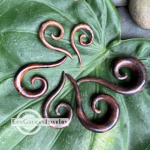 May include: A collection of wooden spiral-shaped ear gauges in varying shades of brown. The gauges are arranged on a large green leaf. The logo "Ear Gauges Jewelry" is visible in the lower left corner.