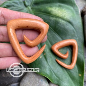 May include: Two wooden ear gauges in a triangular shape with a spiral design. The gauges are a light orange color and are displayed on a green leaf. The text "Ear Gauges Jewelry" is at the bottom.