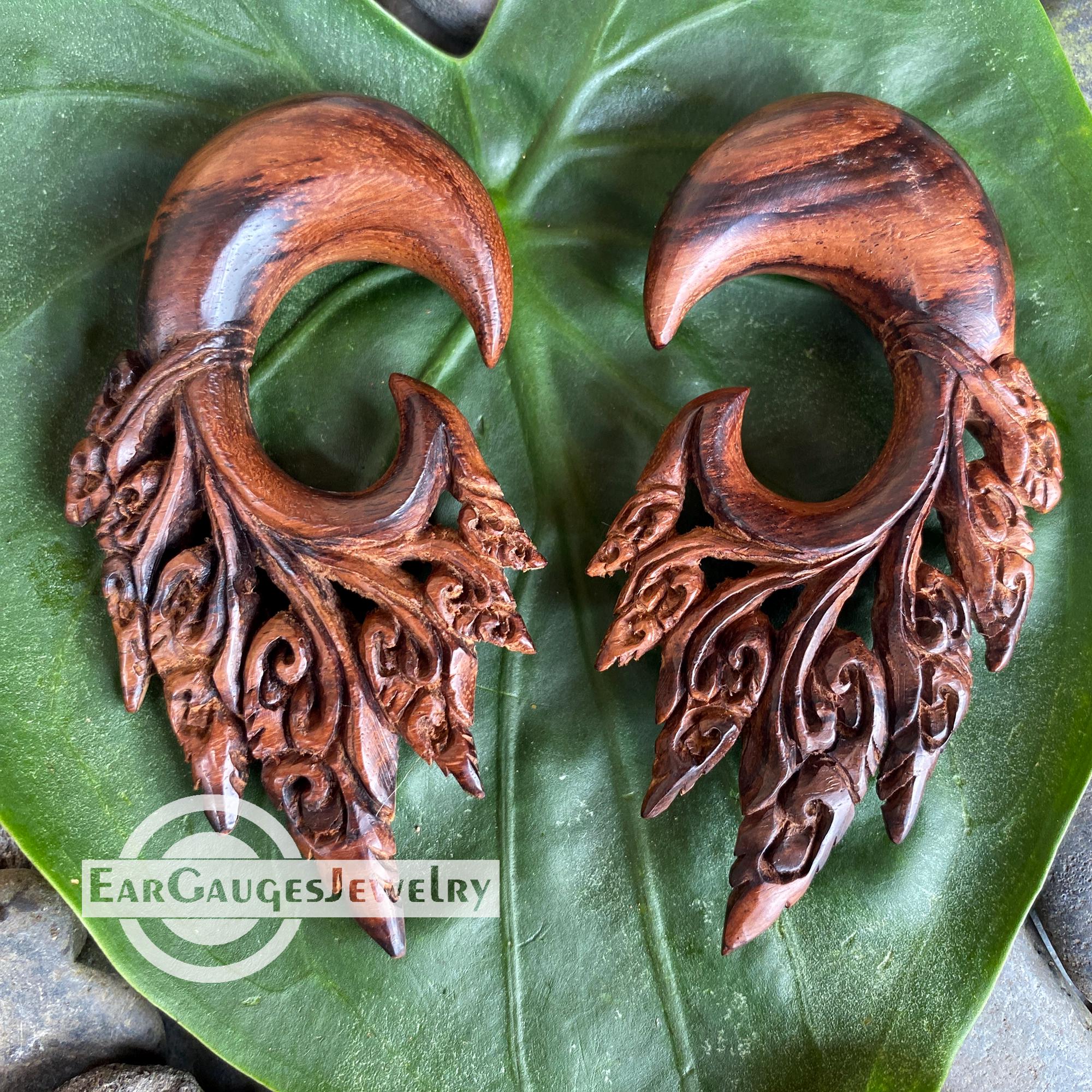 Exclusive Tropical Carved Ear Stretcher 13/16" Floral Carving, Handmade Sono Wood Gauges, Tribal Wood Ear Gauges, Ear Weight