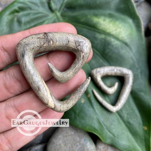May include: Two wooden ear gauges with a triangular design. The gauges are light brown with a wood grain pattern. One gauge is held in a hand, and the other rests on a green leaf. The text "Ear Gauges Jewelry" is visible.