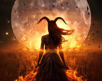 Aries Harvest Moon PRINT - Aries woman photo, surreal gothic astrology mood haunting witch goth witchy divine feminine fire full moon flames