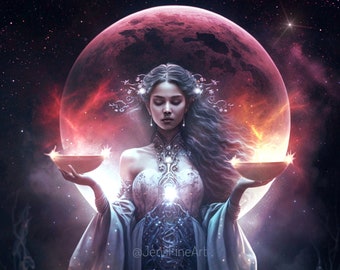 Celestial Magic PRINT - Foto de luna llena, Libra mujer astrología gótica surrealista estado de ánimo bruja goth witchy divino femenino equilibrio rosa luna chica