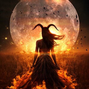 Aries Harvest Moon PRINT - Aries woman photo, surreal gothic astrology mood haunting witch goth witchy divine feminine fire full moon flames