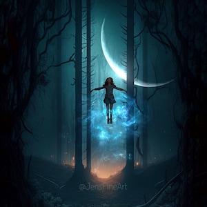 Witch Woods PRINT - new moon photo, Floating Woman Gemini Halloween art surreal haunting air dark forest woods spooky haunted magic spell