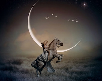 Sagittarius Woman PRINT - new moon horse riding art photo surreal home decor landscape supermoon sky astrology universe arrow warrior zodiac