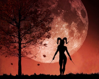 Aries Warrior PRINT - full moon photo goddess surreal gothic autumn decor astrology ram art woman mood haunting witch goth red fire harvest