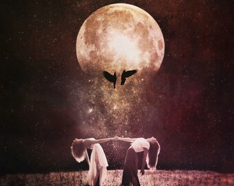 Dance of Destiny PRINT - super full moon Gemini photo surreal landscape art women twins astrology supermoon birds crow raven lunar witch