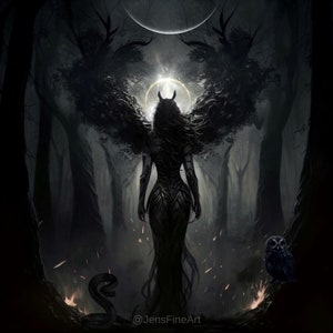 Lilith PRINT Dark goddess witch demon new moon feminine gothic art woman mood haunting halloween spells witchy pagan deity image 1