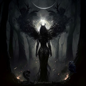 May include: A dark, shadowy figure with horns and wings stands in a forest. The figure is surrounded by trees and a glowing orb. The figure is wearing a long, flowing dress. There is a snake and an owl in the foreground.