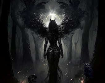 Lilith PRINT - Dark goddess witch demon new moon feminine gothic art woman mood haunting halloween spells witchy pagan deity