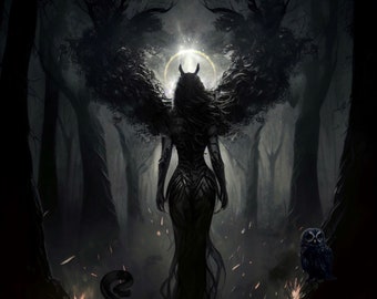 Lilith art PRINT - Dark goddess witch demon new moon feminine gothic woman altar haunting halloween spells witchy pagan deity