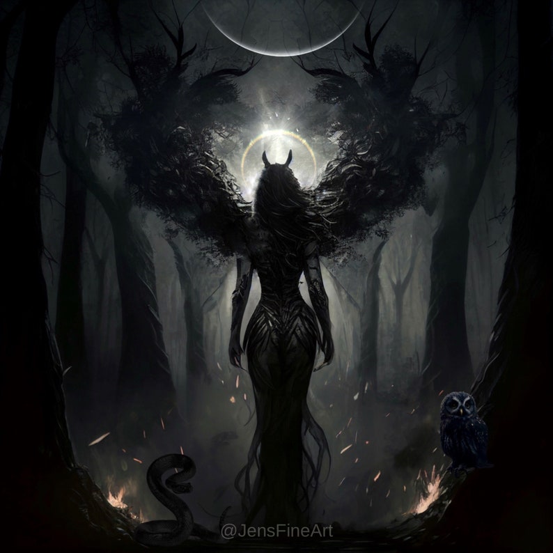 May include: A dark, shadowy figure with horns and wings stands in a forest. The figure is surrounded by trees and a glowing orb. The figure is wearing a long, flowing dress. There is a snake and an owl in the foreground.