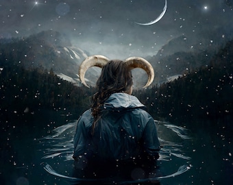 Capricorn New Moon PRINT - photo surreal landscape winter solstice yule zodiac home astrology moody universe horned woman witch snow seagoat
