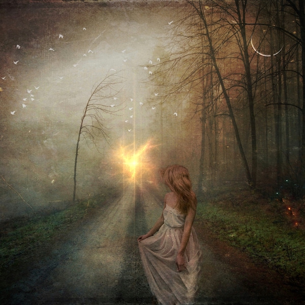 Running from Destiny PRINT - Surreal photo sunlight path landscape whimsical ethereal witch moon autumn spooky dramatic fairytale woman run