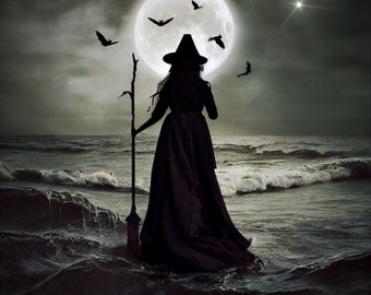 Witches New Year PRINT - witchy photo goddess autumn full moon gothic art woman mood haunting bats halloween october samhain witch ocean