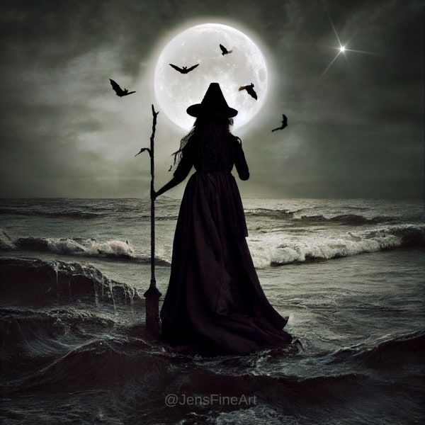 Witches New Year PRINT - witchy photo goddess autumn full moon gothic art woman mood haunting bats halloween october samhain witch ocean